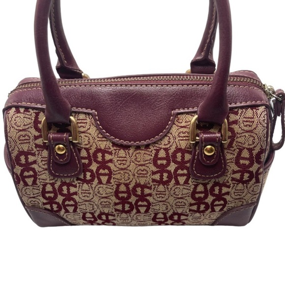 Etienne Aigner Vintage Handbag Burgundy Dark‎ Red Leather Tan Canvas Logo Purse - Picture 5 of 11